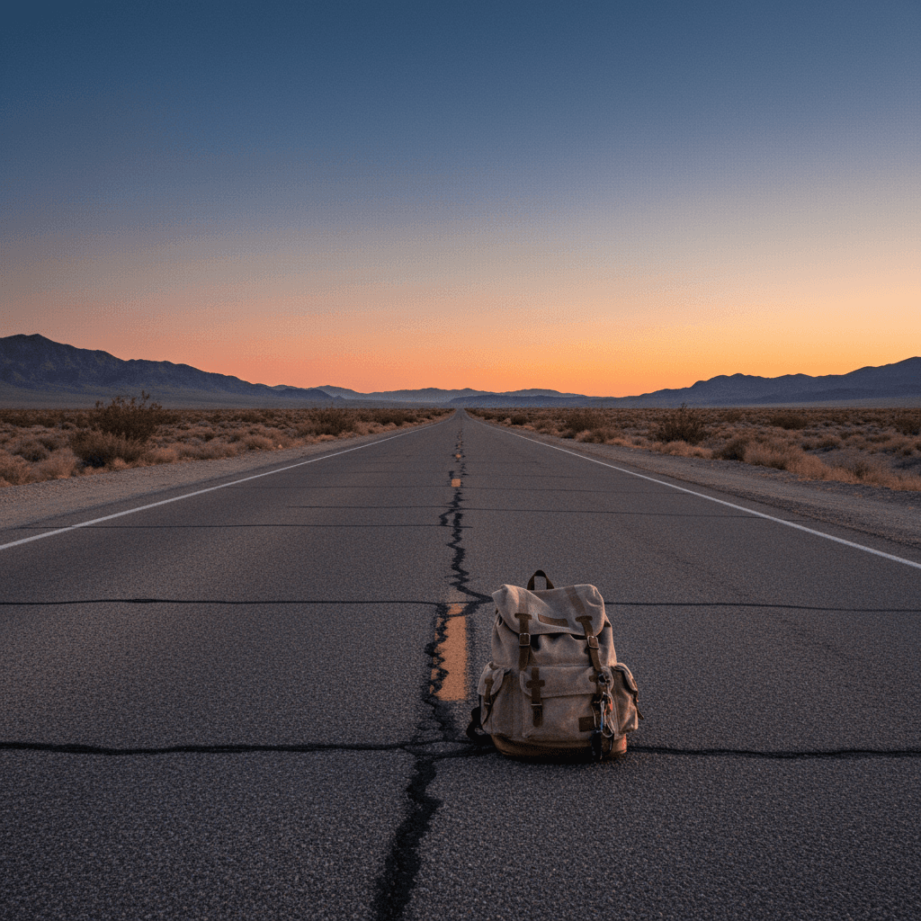 An empty desert road at dusk with a single small backpack on the shoulder