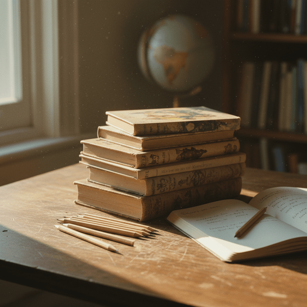 Stack of well-loved children's books beside an open notebook and pencils