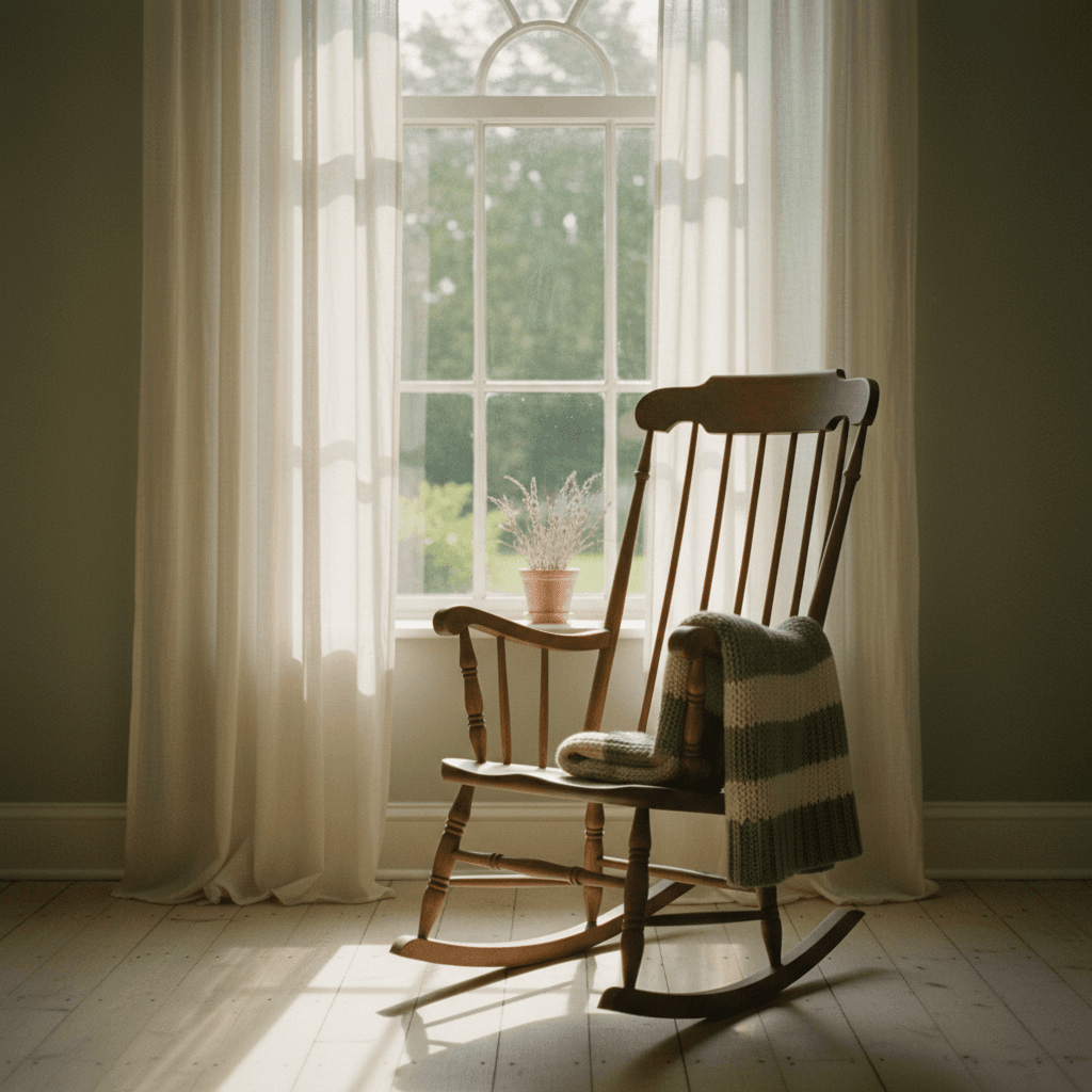 An empty wooden rocking chair beside a window with a folded blanket