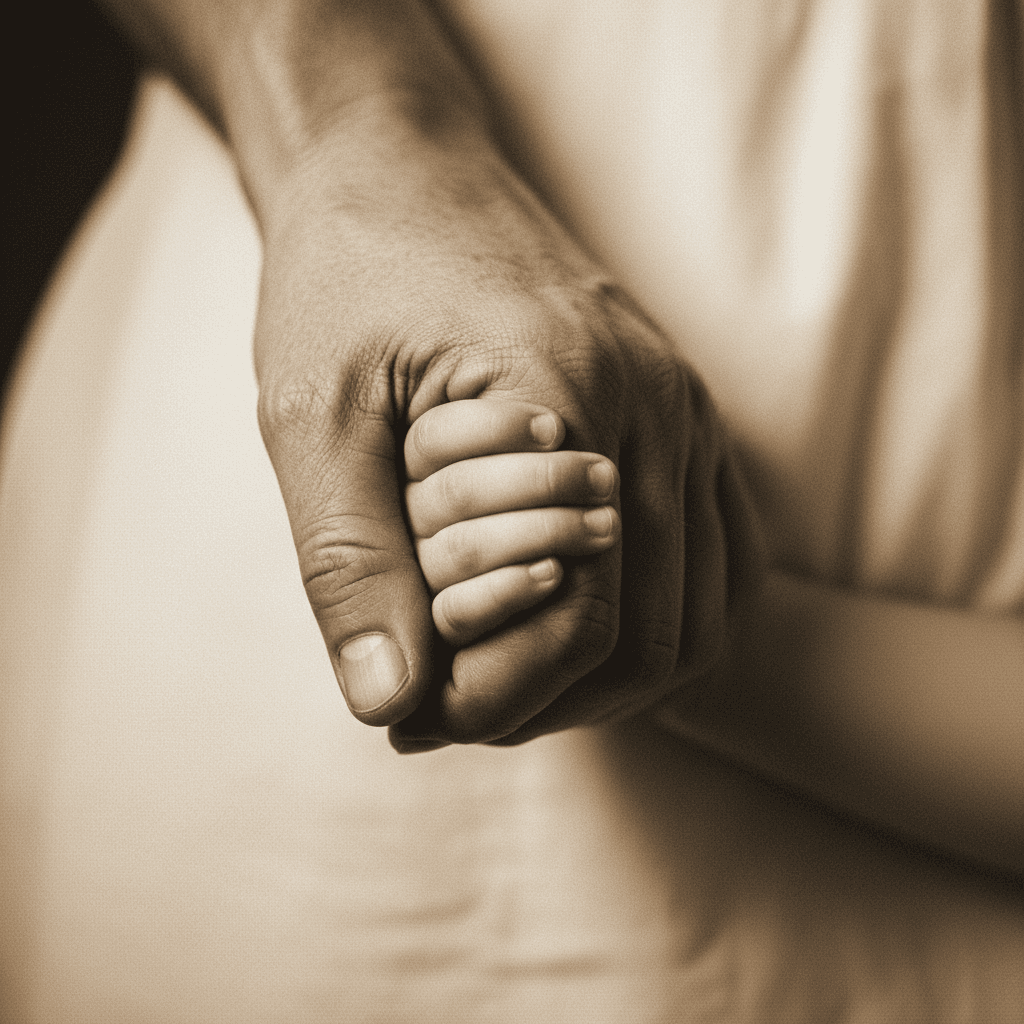 A small child's hand clasped gently in an adult's hand, warm sepia tones