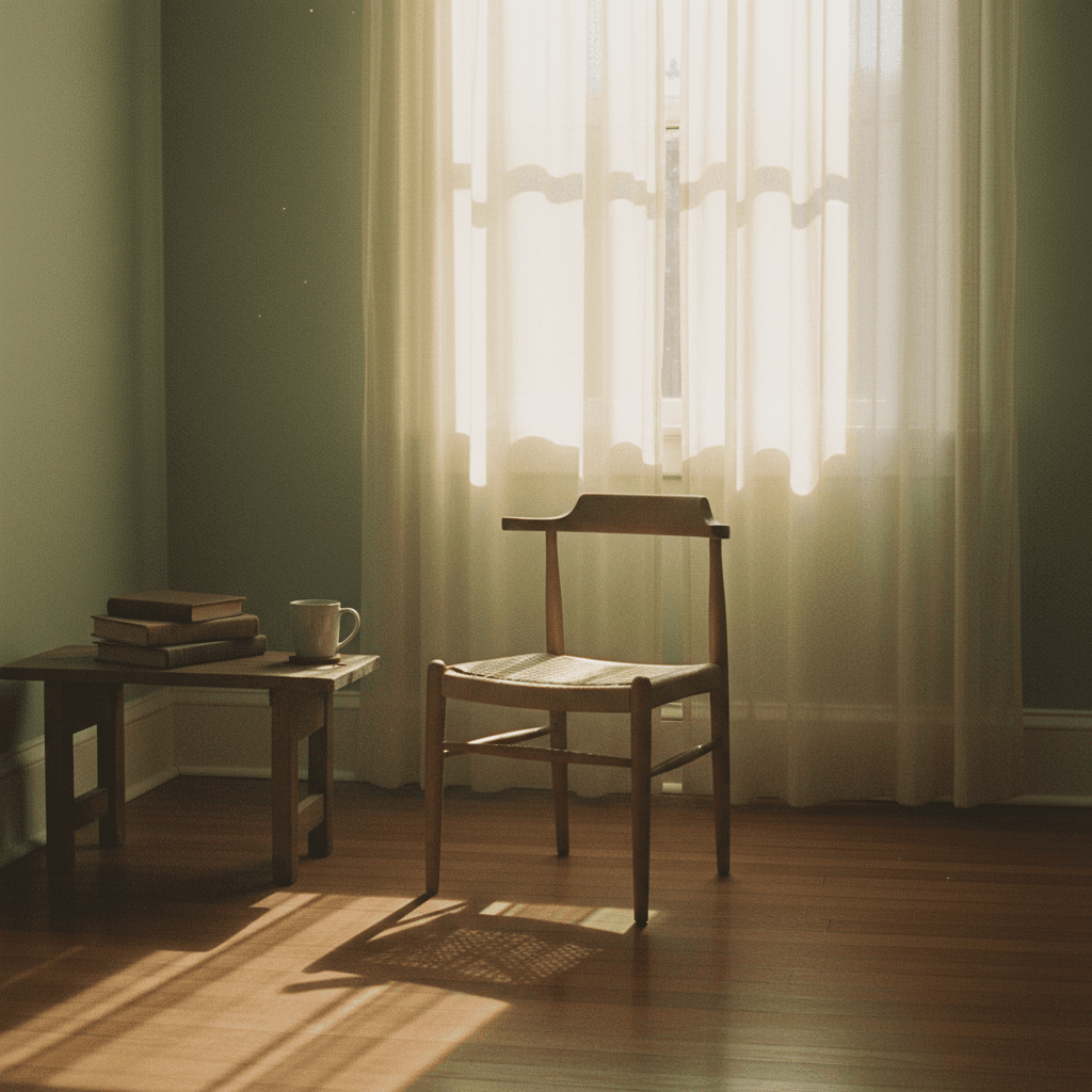 An empty chair beside a window with morning light filtering through sheer curtains